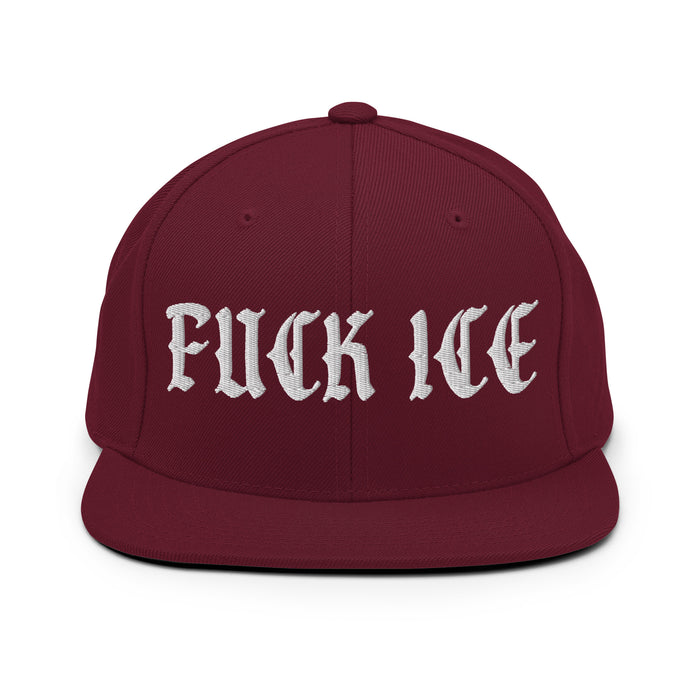 maroon snapback hat with white Fuck ICE embroidery