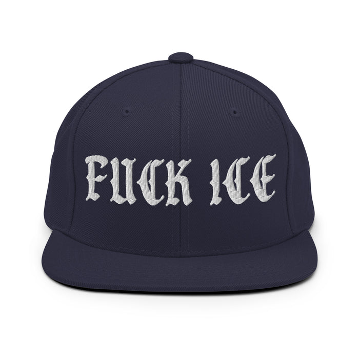 navy blue snapback hat with gothic Fuck ICE text