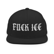 black snapback hat with the text "fuck ice" in blackletter