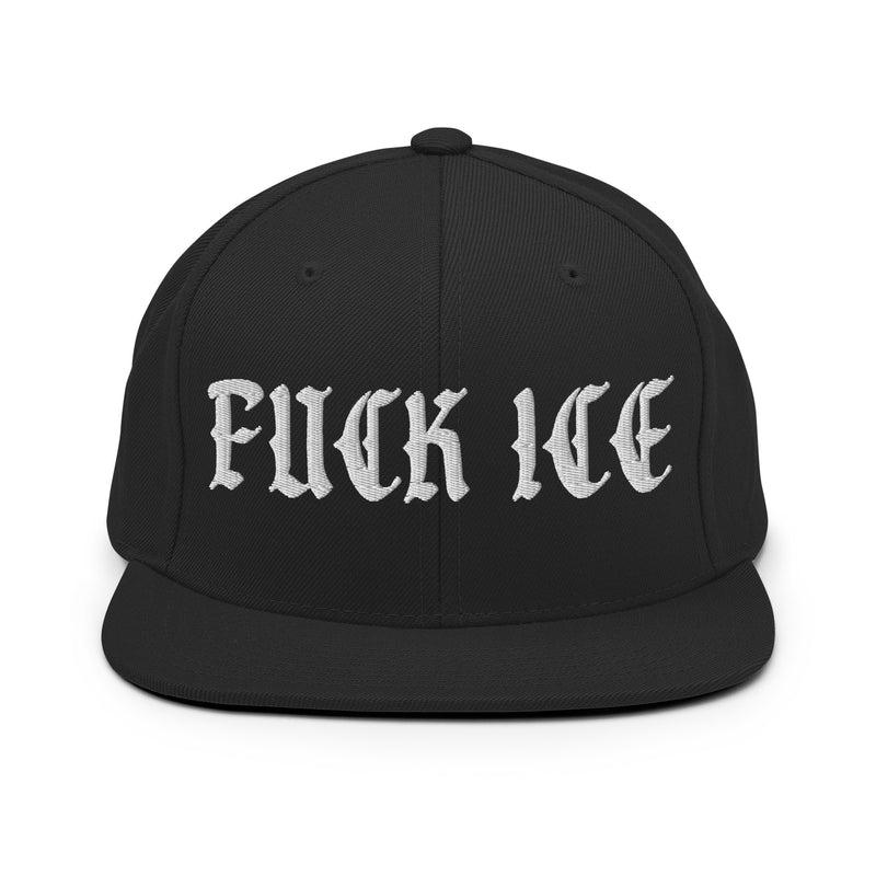 black snapback hat with the text "fuck ice" in blackletter