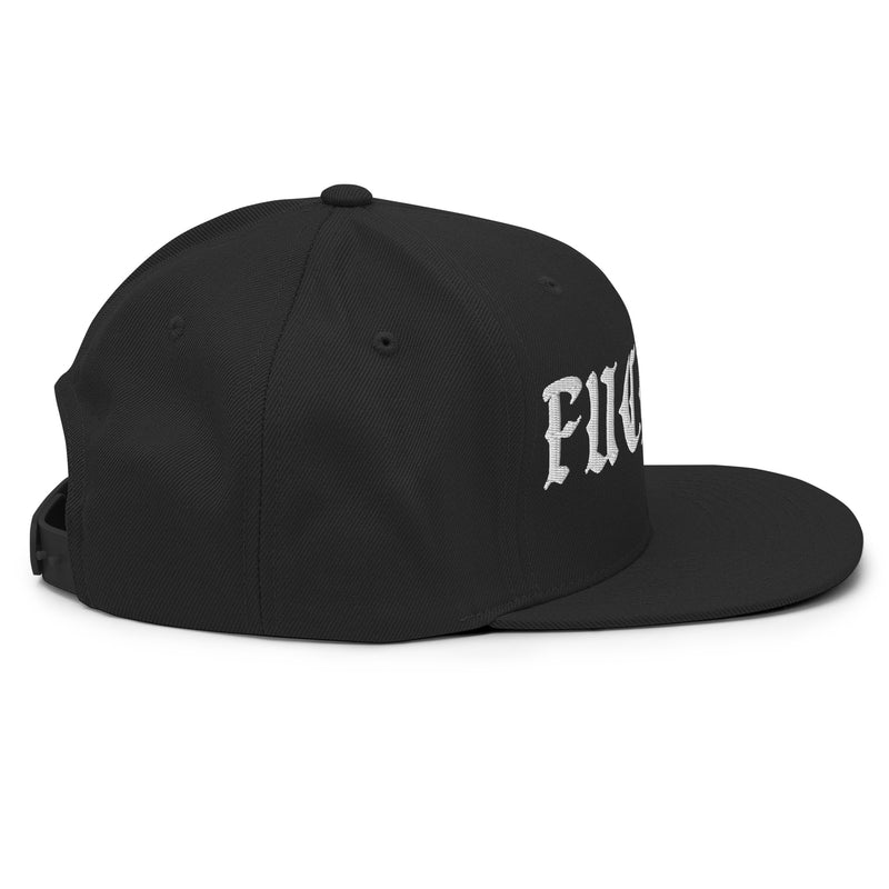 side view of black snapback hat with Fuck ICE embroidery