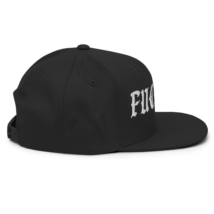 side view of black snapback hat with Fuck ICE embroidery
