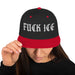 woman tipping red-brim Fuck ICE snapback