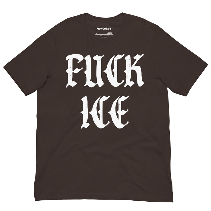 brown activist protest t shirt with white fuck ice print anti ice abolitionist political message shirt