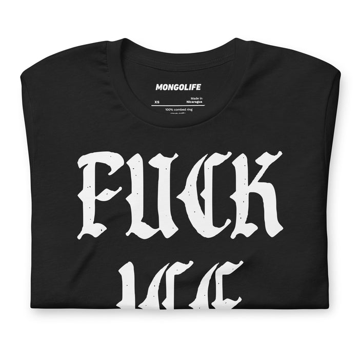 close up of fuck ice design on black anti ice protest shirt gothic font activist streetwear