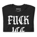 close up of fuck ice design on black anti ice protest shirt gothic font activist streetwear