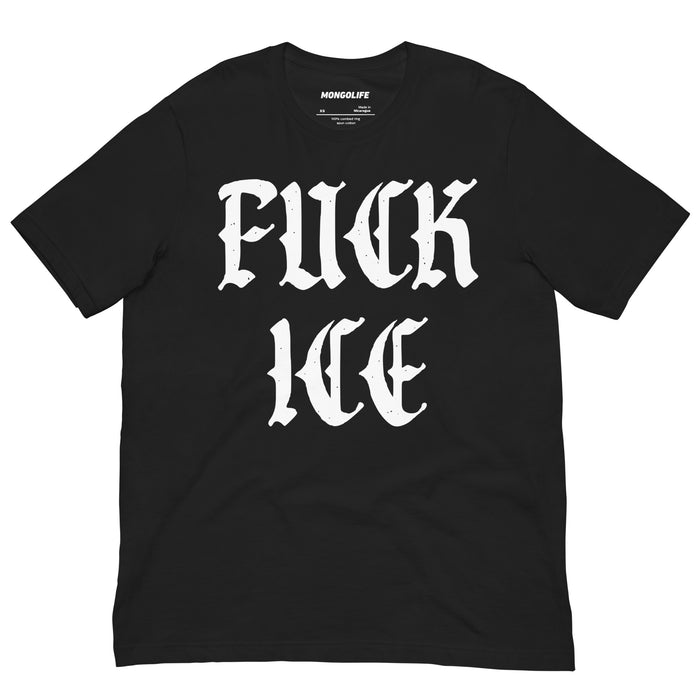 black protest t shirt with bold fuck ice print in old english font anti ice political shirt activist clothing