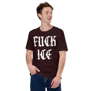 model wearing anti ice fuck ice shirt bold political protest t shirt for immigrant rights activism