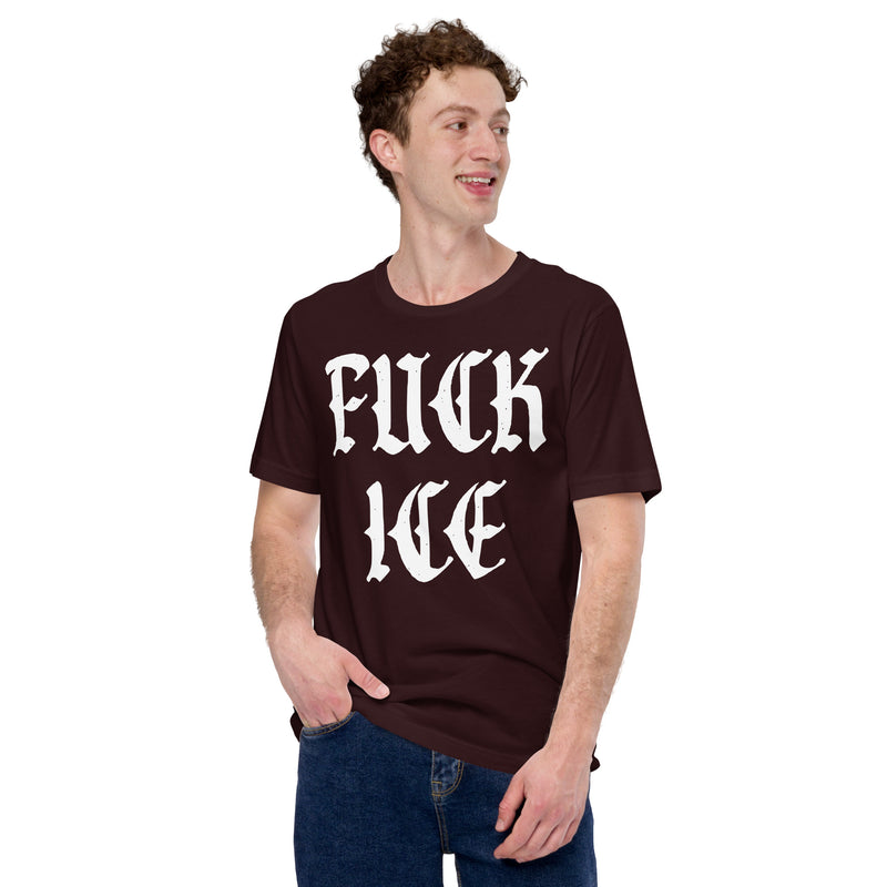 model wearing anti ice fuck ice shirt bold political protest t shirt for immigrant rights activism
