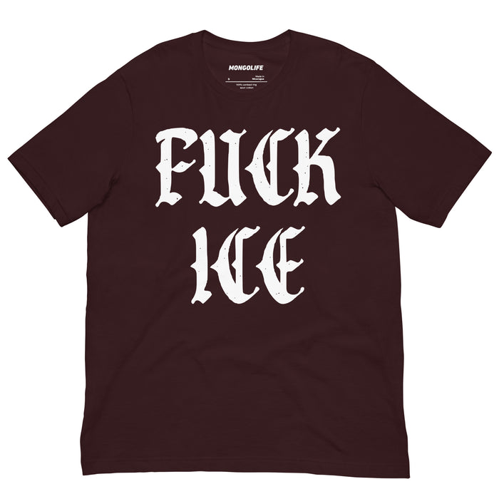 oxblood black anti ice protest shirt with bold white fuck ice text old english font political statement tee
