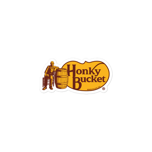 3×3″ Honky Bucket sticker parodying Cracker Barrel logo with man, chair, and barrel design.