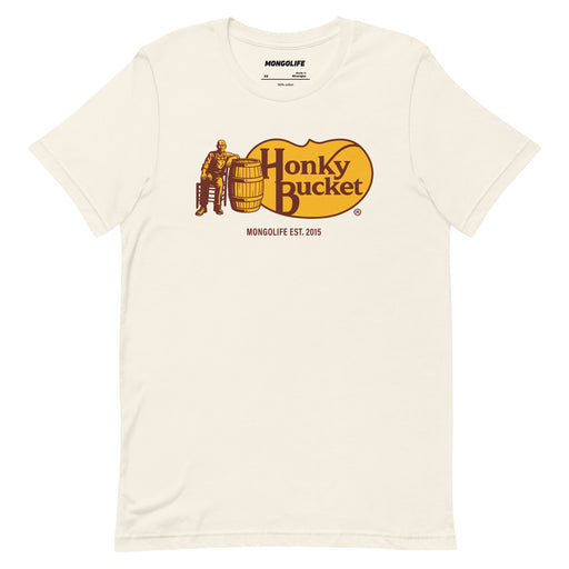 Vintage White t-shirt with "Honky Bucket" parody print centered on chest.