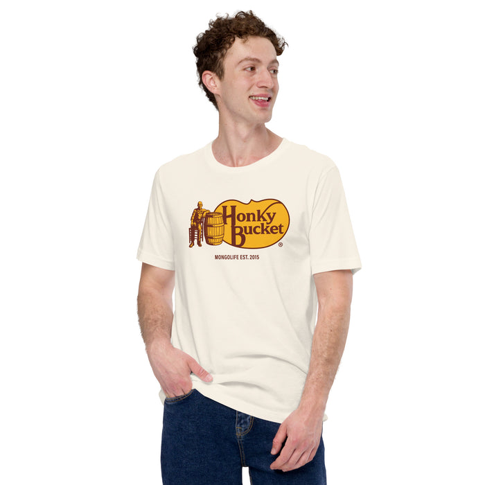 Model wearing Vintage White "Honky Bucket" parody t-shirt, front view.