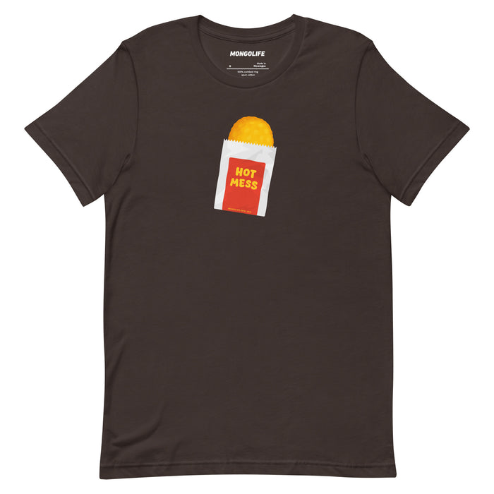 Brown shirt with “Hot Mess” hash brown design in a fast-food-style wrapper.