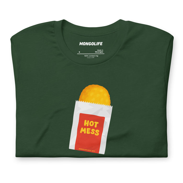 Close-up of forest green shirt with McDonald’s-style hash brown and “Hot Mess” text on red wrapper.