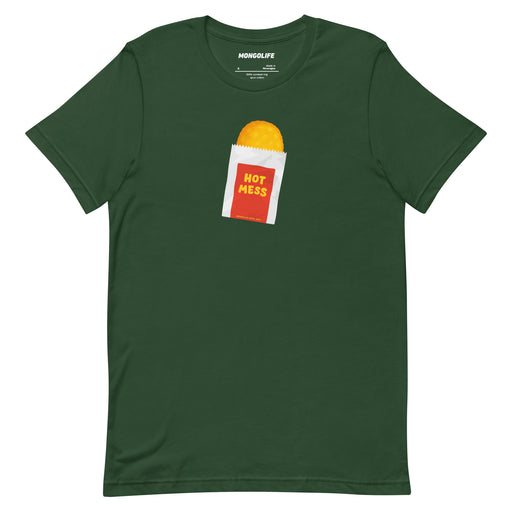 Forest green shirt featuring a cartoon hash brown in a red sleeve labeled “Hot Mess,” parodying fast food packaging.