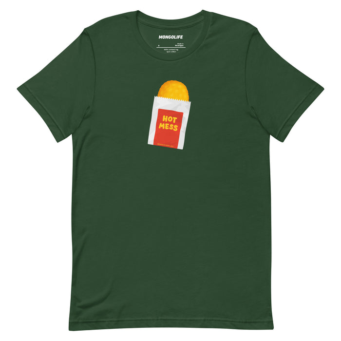 Forest green shirt featuring a cartoon hash brown in a red sleeve labeled “Hot Mess,” parodying fast food packaging.