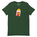 Forest green shirt featuring a cartoon hash brown in a red sleeve labeled “Hot Mess,” parodying fast food packaging.