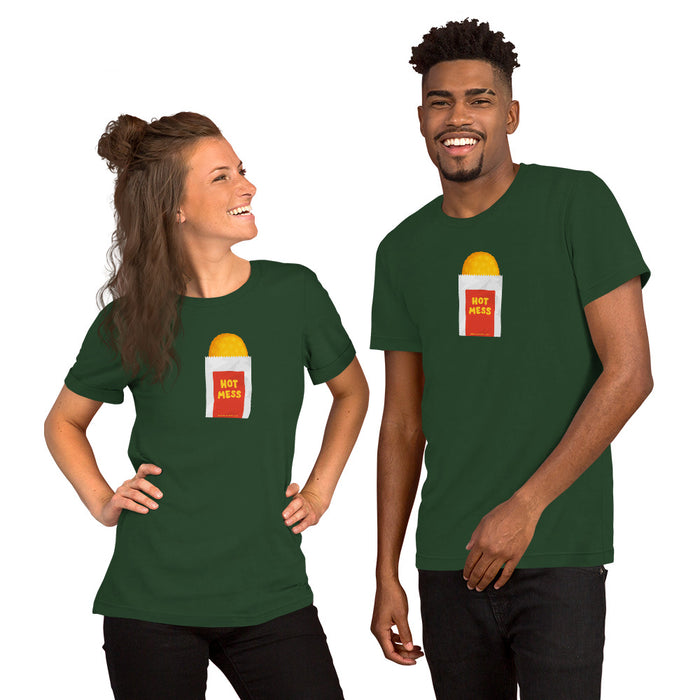 Models wearing forest green “Hot Mess” t-shirts with cartoon hash brown print, fast food parody style.