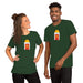 Models wearing forest green “Hot Mess” t-shirts with cartoon hash brown print, fast food parody style.