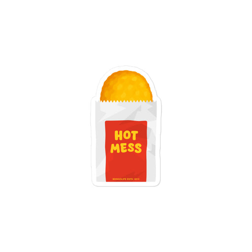 3×3″ Hot Mess hash brown sticker on white background, parody of fast food packaging.