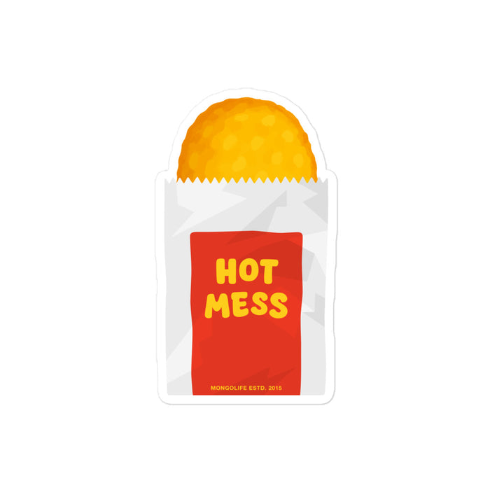 4×4″ vinyl sticker of a cartoon hash brown in red sleeve labeled “Hot Mess,” against white backdrop.
