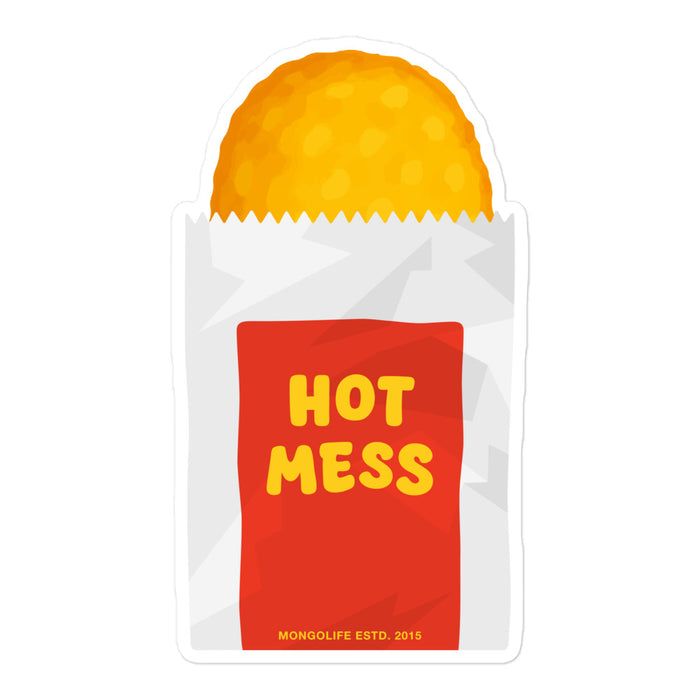 Large 5.5×5.5″ Hot Mess sticker featuring golden hash brown in fast food parody wrapper, shown on white background.