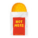 Large 5.5×5.5″ Hot Mess sticker featuring golden hash brown in fast food parody wrapper, shown on white background.