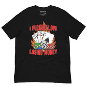 Flat lay of black “I Fucking Love Losing Money” t-shirt with flaming poker chips and cards – perfect funny poker or gambling shirt.