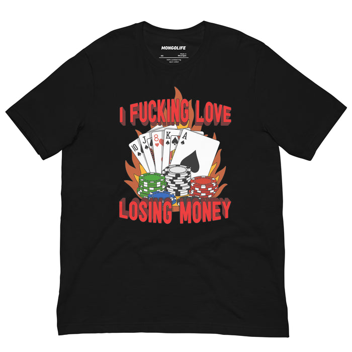 Flat lay of black “I Fucking Love Losing Money” t-shirt with flaming poker chips and cards – perfect funny poker or gambling shirt.