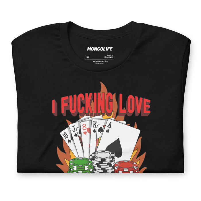 Folded black t-shirt showing “I Fucking Love Losing Money” graphic, a top pick for degenerate gambling memes.