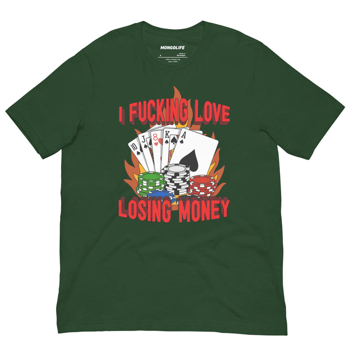 Forest green t-shirt with flaming chips and cards – ideal gift for gambling friends or poker losers.