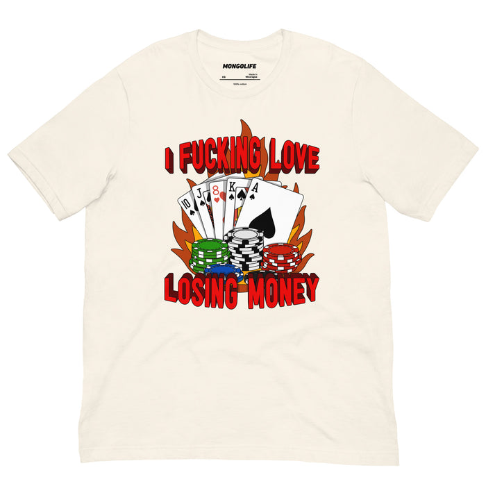 Vintage white version of the viral poker t-shirt reading “I Fucking Love Losing Money” – perfect for casino degenerates.