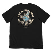 Back of black stoner t-shirt laid flat, featuring cannabis-themed "If We All Had a Bong" design.