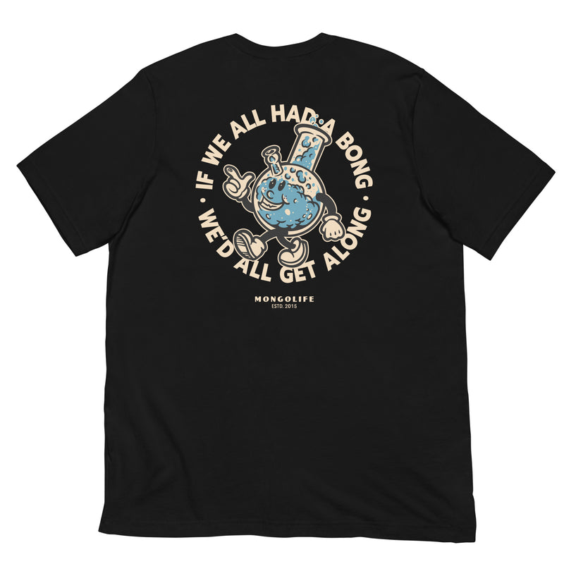 Back of black stoner t-shirt laid flat, featuring cannabis-themed "If We All Had a Bong" design.