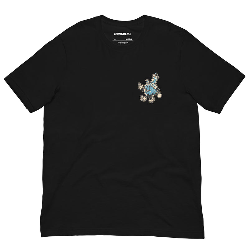 Funny cannabis shirt laid flat, front design showing retro-style bong and stoner humor text.