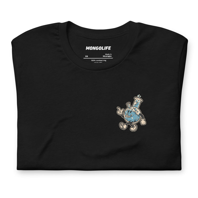 Folded black tee with 420-friendly bong graphic and funny weed slogan.