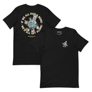 Side-by-side front and back views of black 420-friendly t-shirt with weed slogan and bong character.