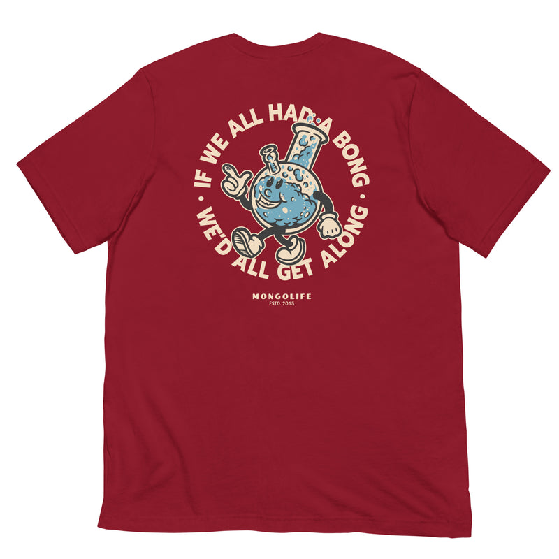 Red 420 t-shirt flat lay, back view with playful weed-themed message “If We All Had a Bong”.