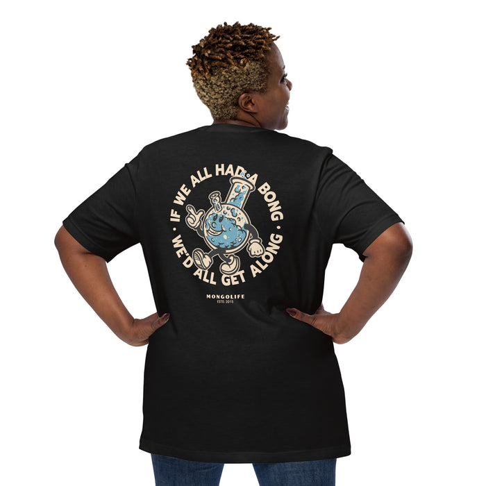 Female model wearing black cannabis humor shirt, showing back graphic “If We All Had a Bong”.