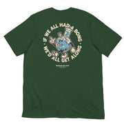 Forest green stoner t-shirt, back view with fun 420 slogan and bong illustration.