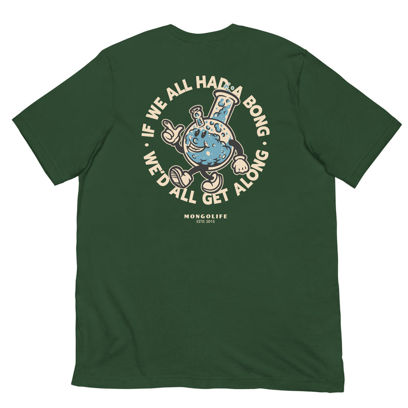 Forest green stoner t-shirt, back view with fun 420 slogan and bong illustration.