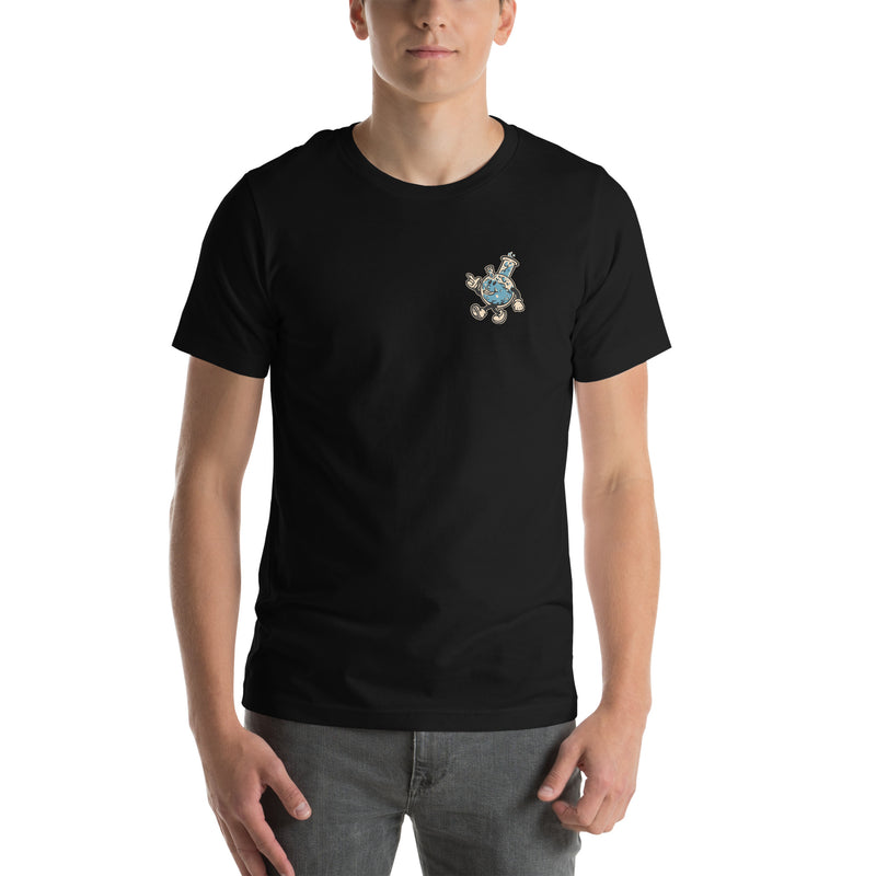 Male model in black stoner t-shirt, front view featuring retro bong and funny 420 slogan.