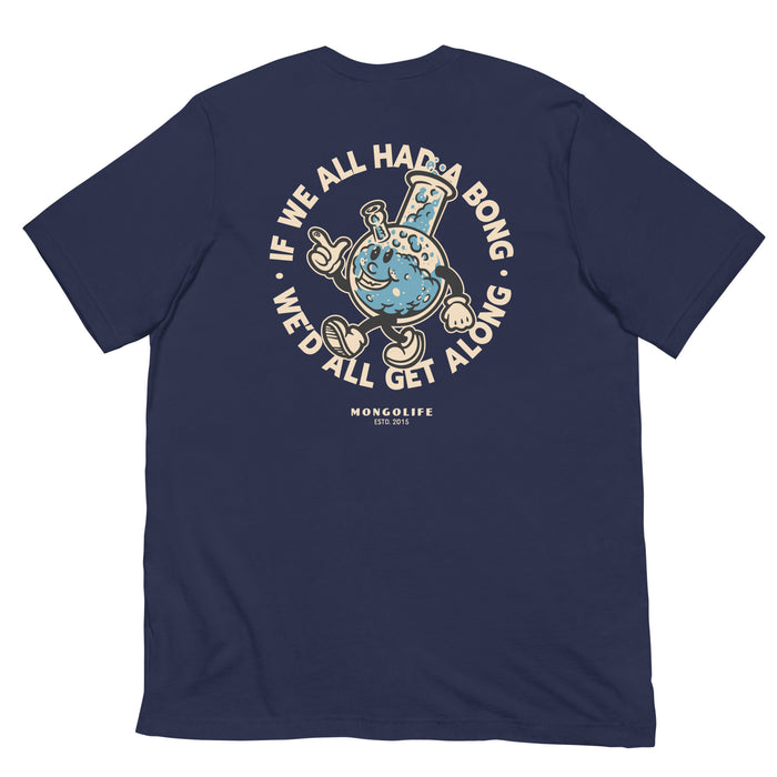 Navy blue cannabis shirt laid flat, back design with vintage weed humor graphic.