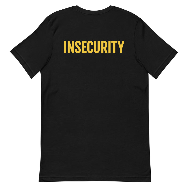 Back view of a black t-shirt featuring "INSECURITY" in bold, official-style yellow text, resembling the font used on SECURITY shirts.