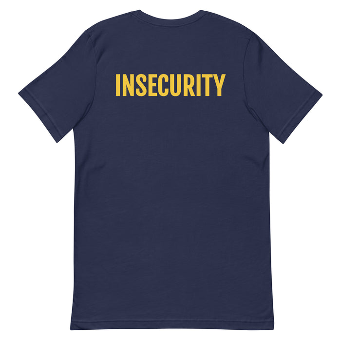 Back view of a navy t-shirt with "INSECURITY" in bold yellow text styled like traditional SECURITY uniforms.