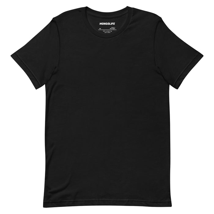 Front view of a black t-shirt from Mongolife with no print or design.