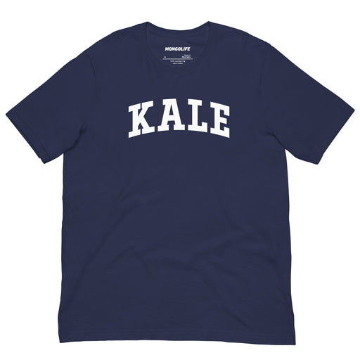Navy KALE shirt shown flat with bold white college-style lettering.