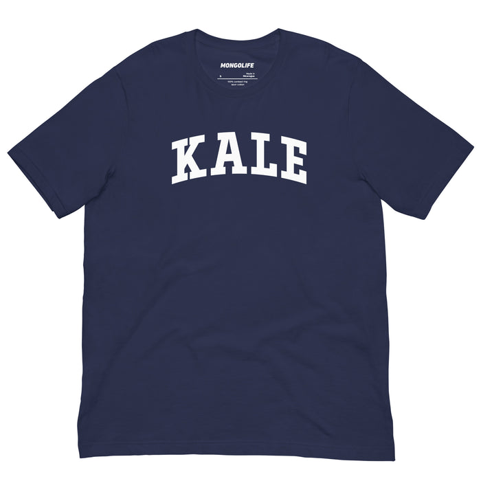 Navy KALE shirt shown flat with bold white college-style lettering.