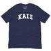 Navy KALE shirt shown flat with bold white college-style lettering.